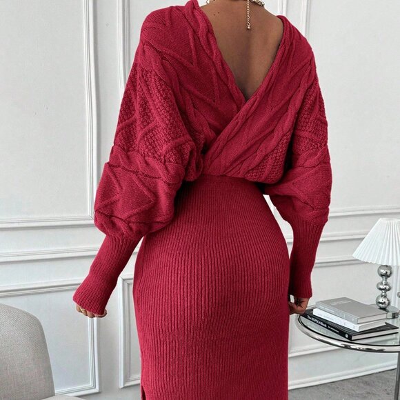Burgundy Batwing Sleeve Split Hem Women's Knitted Sweater midi Dress - Picture 2 of 6